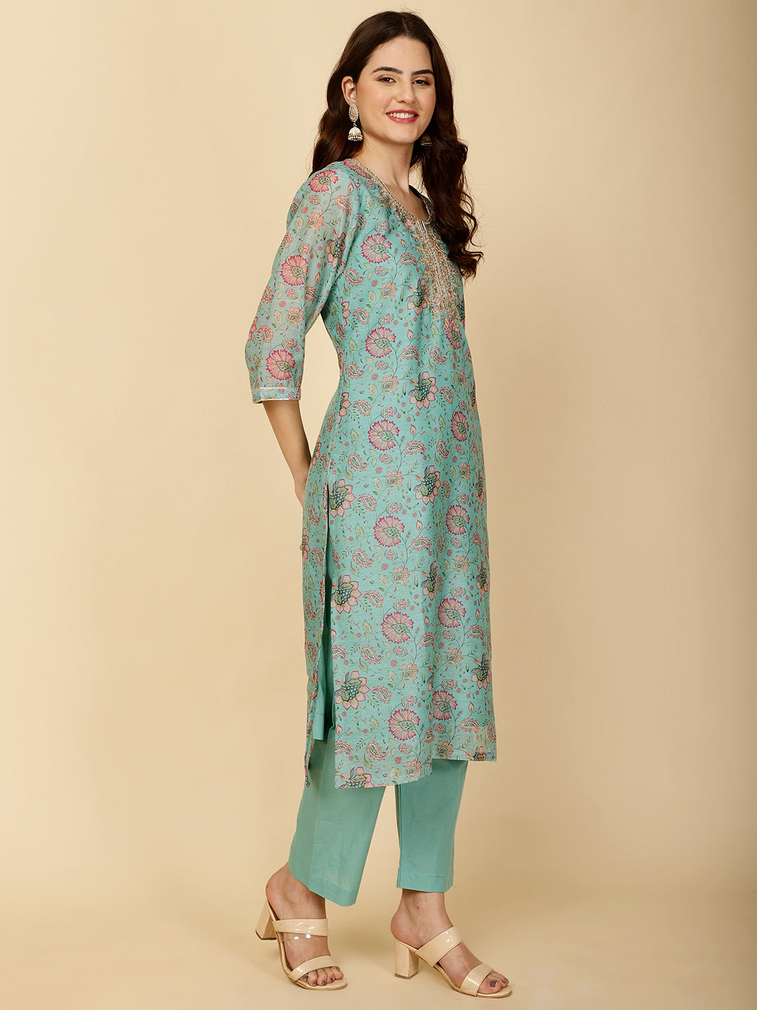 Floral Printed Chanderi Kurta With Pants &amp; Dupatta