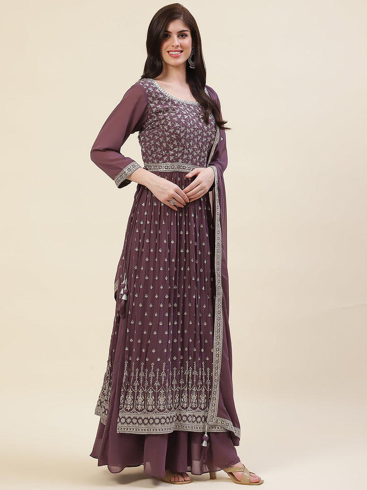 Zari Embroidered Booti Georgette Kurta With Palazzo &amp; Dupatta