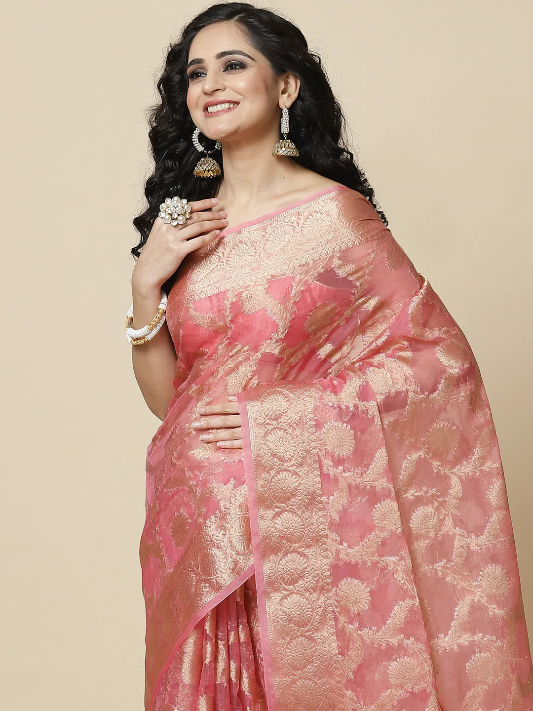 Floral Zari Jaal Organza Plain Saree