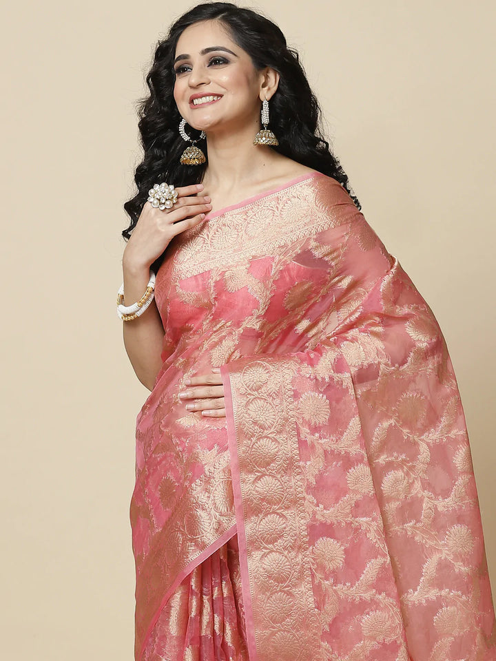 Floral Zari Jaal Organza Plain Saree