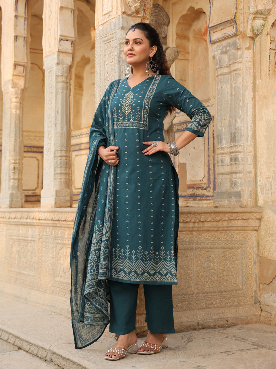 Navy Blue Cotton Blend Printed Straight Suit Set