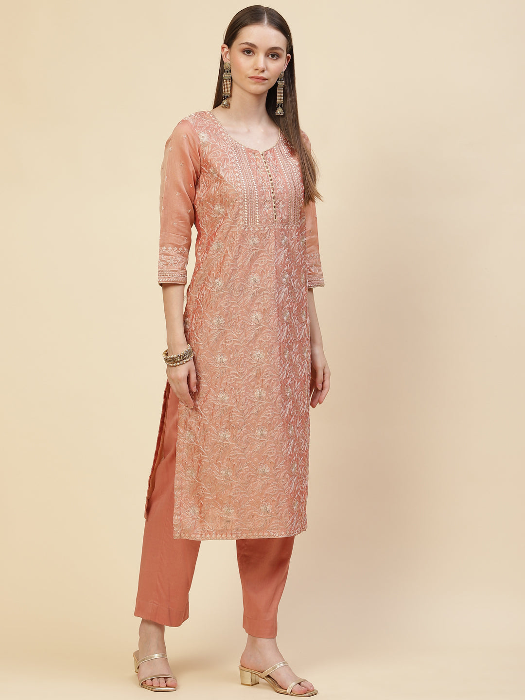 Zari Embroidered Cotton Kurta With Pants & Dupatta