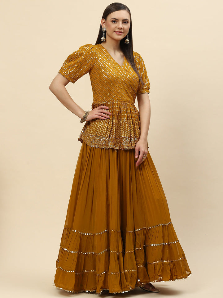 Sequin Embroidered Georgette Peplum Choli With Lehenga &amp; Dupatta