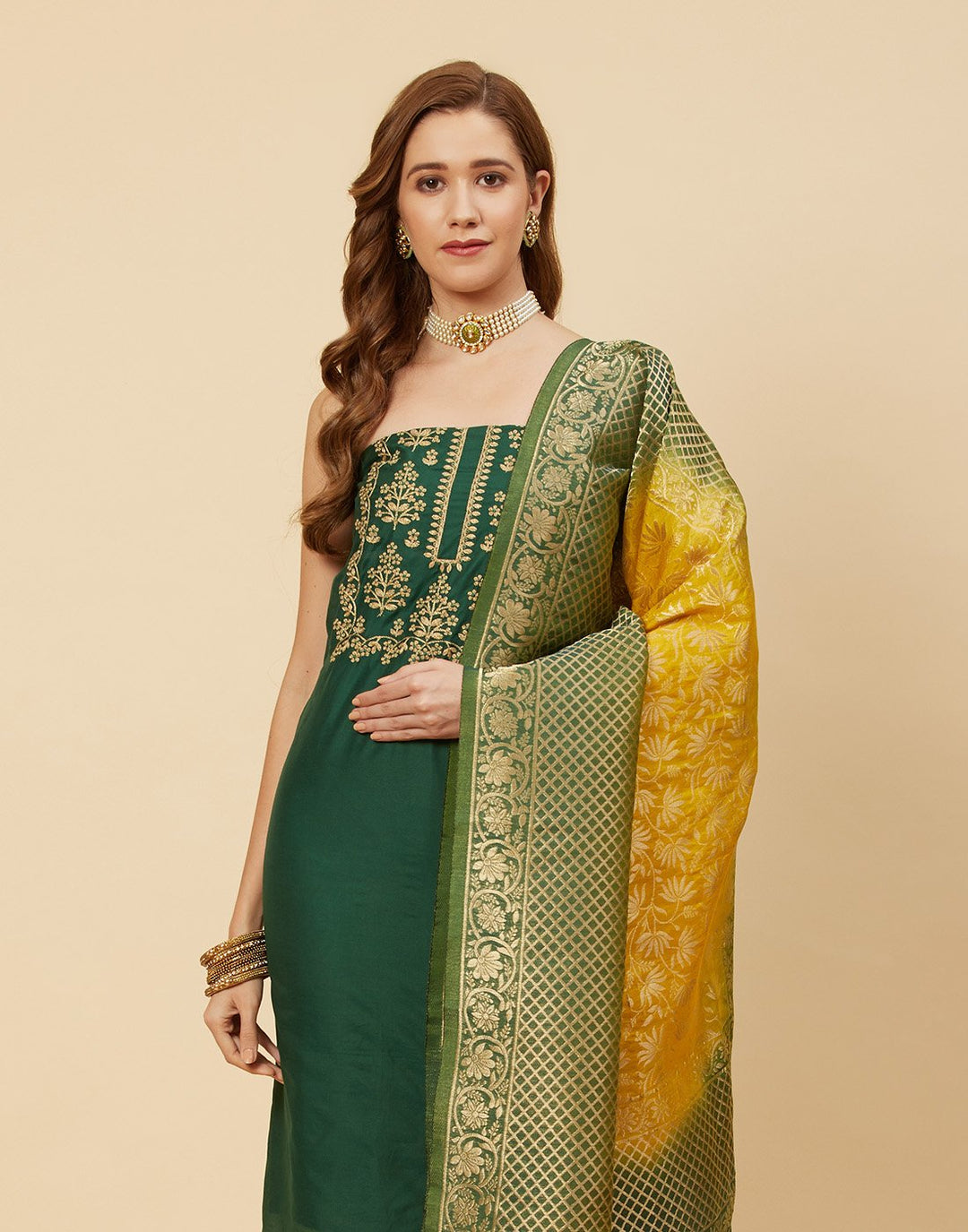 Embroidered Chanderi Suit Piece With Banarasi Dupatta