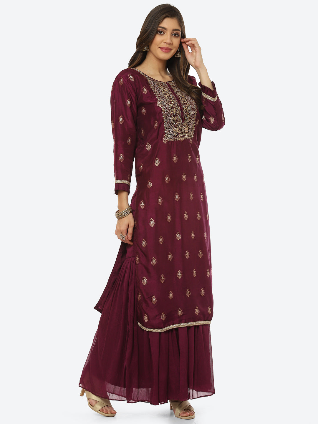 Zari Booti Neck Zari Embroidered Handloom Kurta With Palazzo &amp; Dupatta