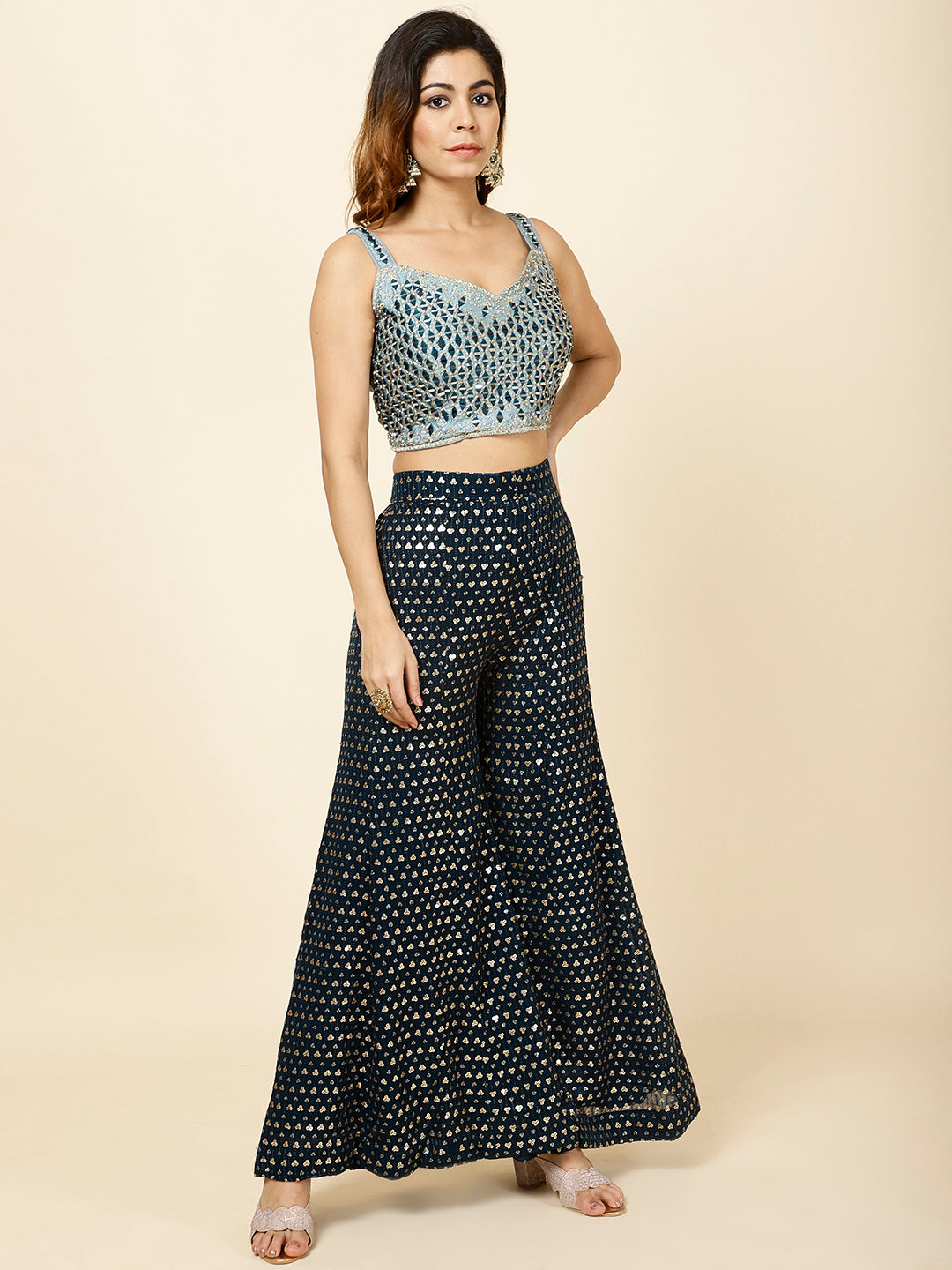 Mirror Work Embroidered Georgette Crop Top With Sharara &amp; Dupatta