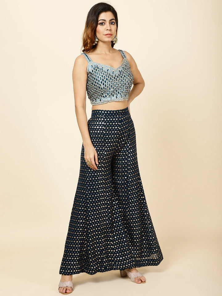 Mirror Work Embroidered Georgette Crop Top With Sharara &amp; Dupatta