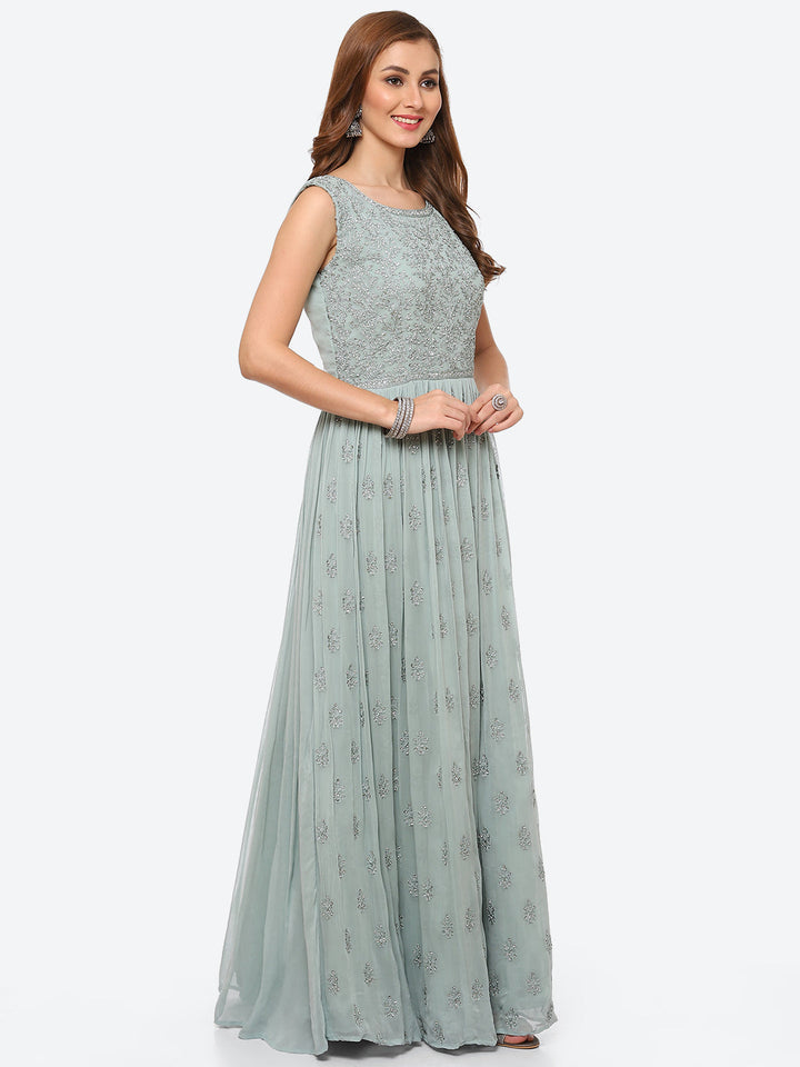 Resham Booti Georgette Anarkali Kurta With Churidar &amp; Net Dupatta