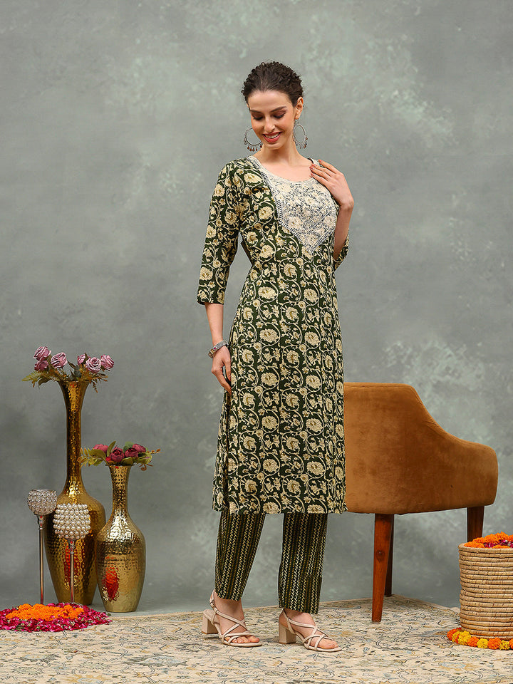 Printed Cotton Blend Kurta With Pants &amp; Dupatta