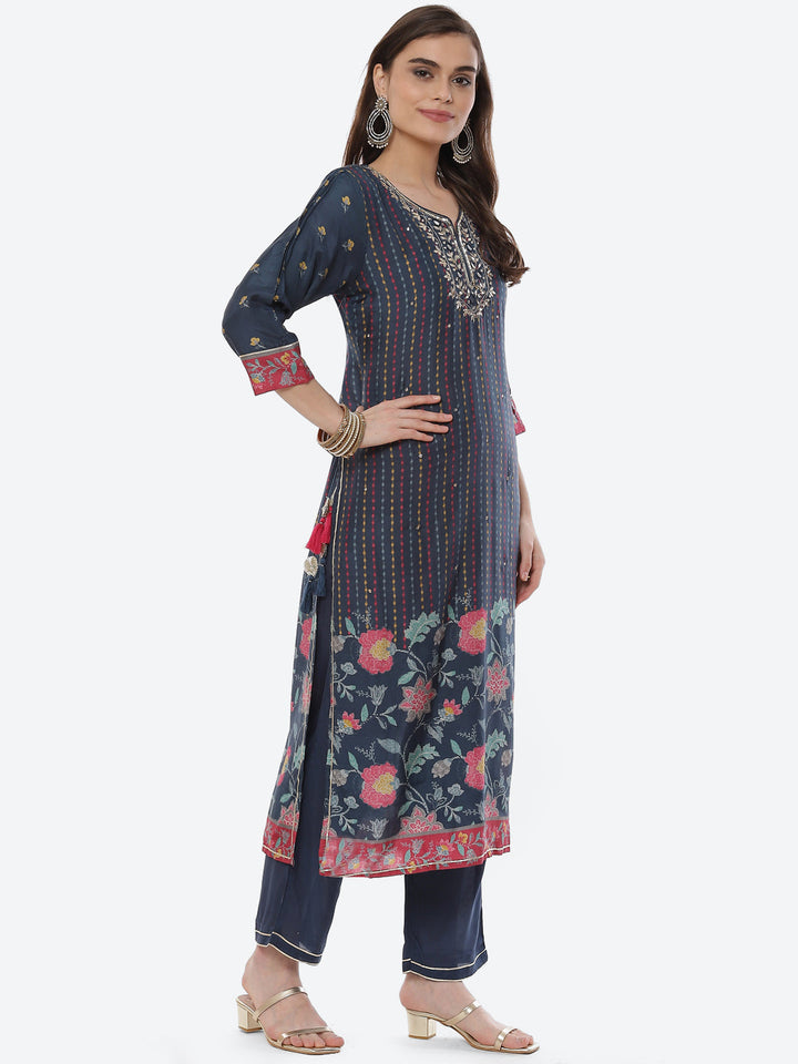 Mirror Work &amp; Printed Muslin Kurta With Pant &amp; Chiffon Dupatta