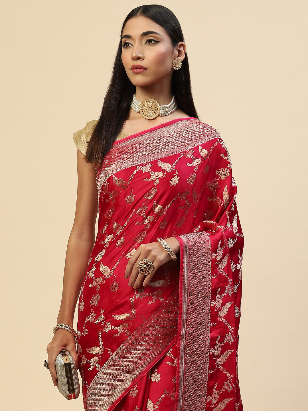 Floral Stone Jaal Satin Woven Saree