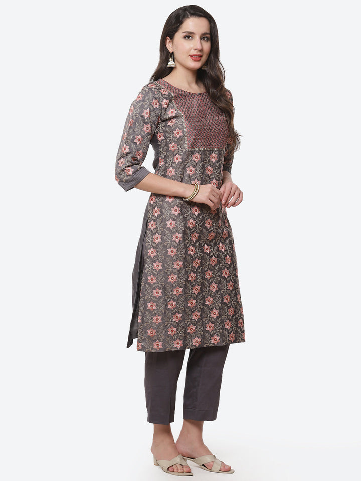Printed Cotton Chanderi Kurti With Embroidered Chanderi Dupatta