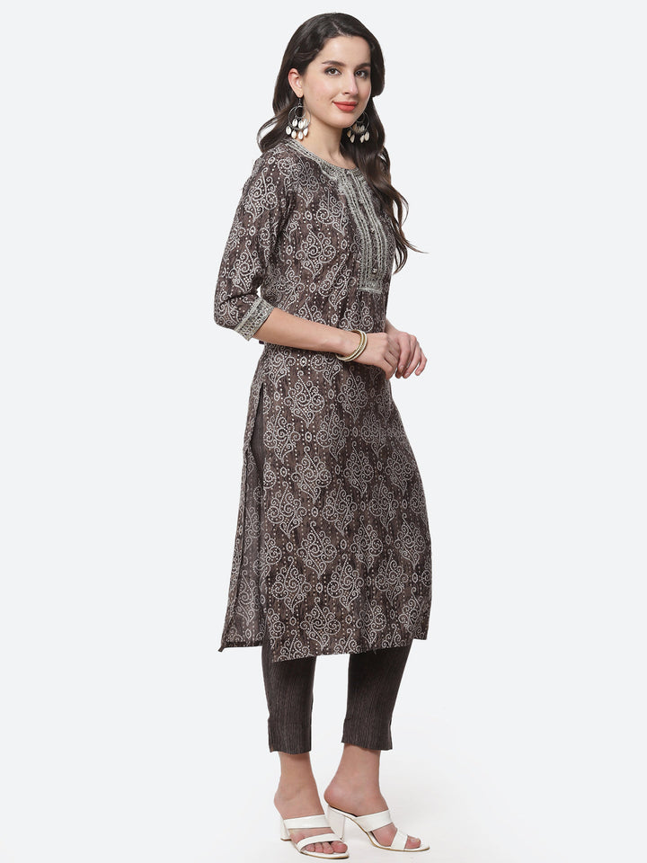 Bandhani Printed Zari Neck Cotton Kurti With Pant