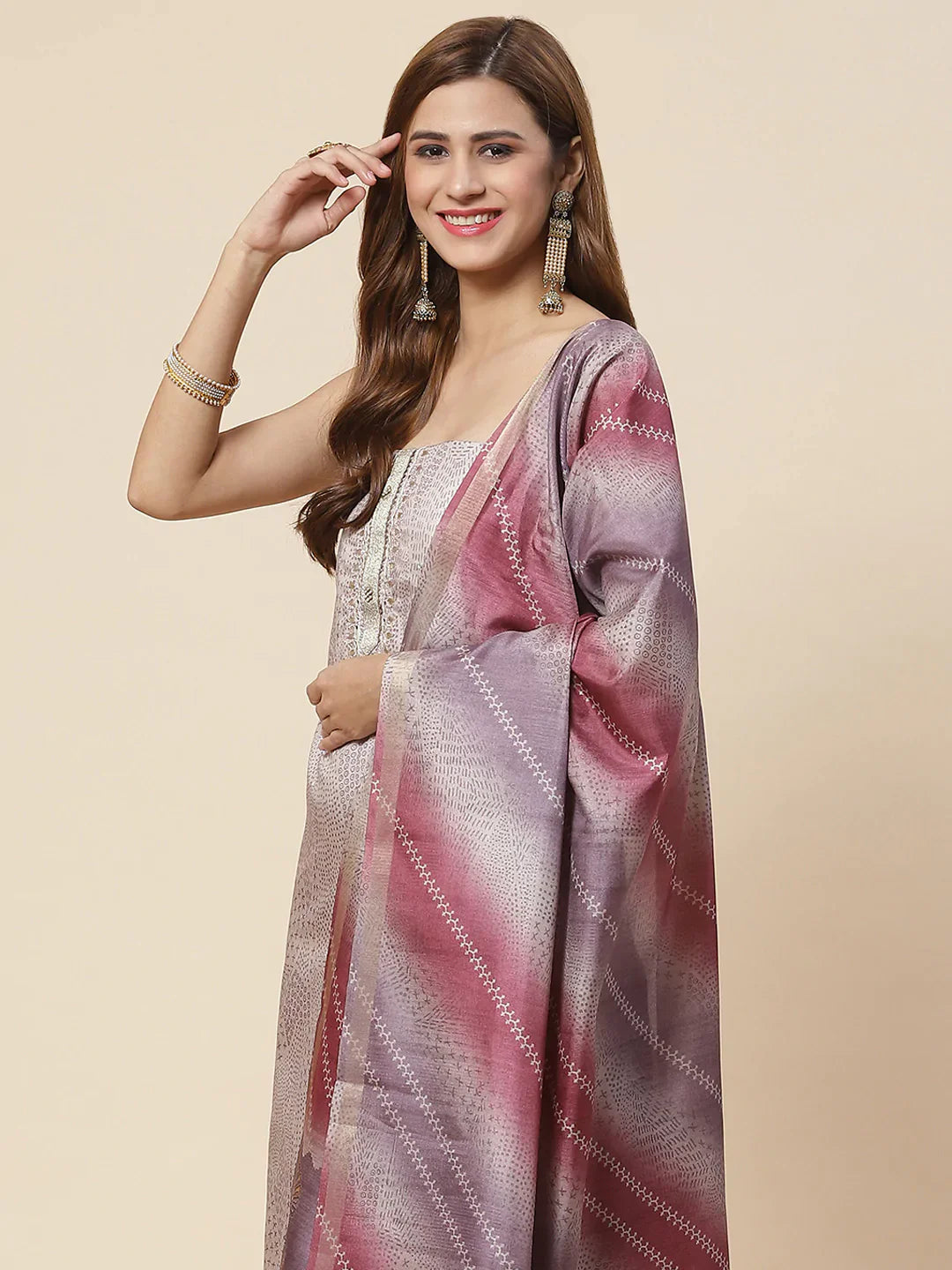 Neck Embroidered Art Tussar Unstitched Suit Piece With Dupatta