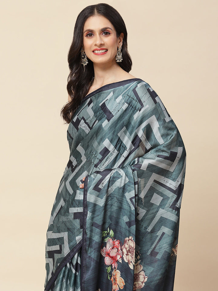 Abstract Digital Printed Satin Saree