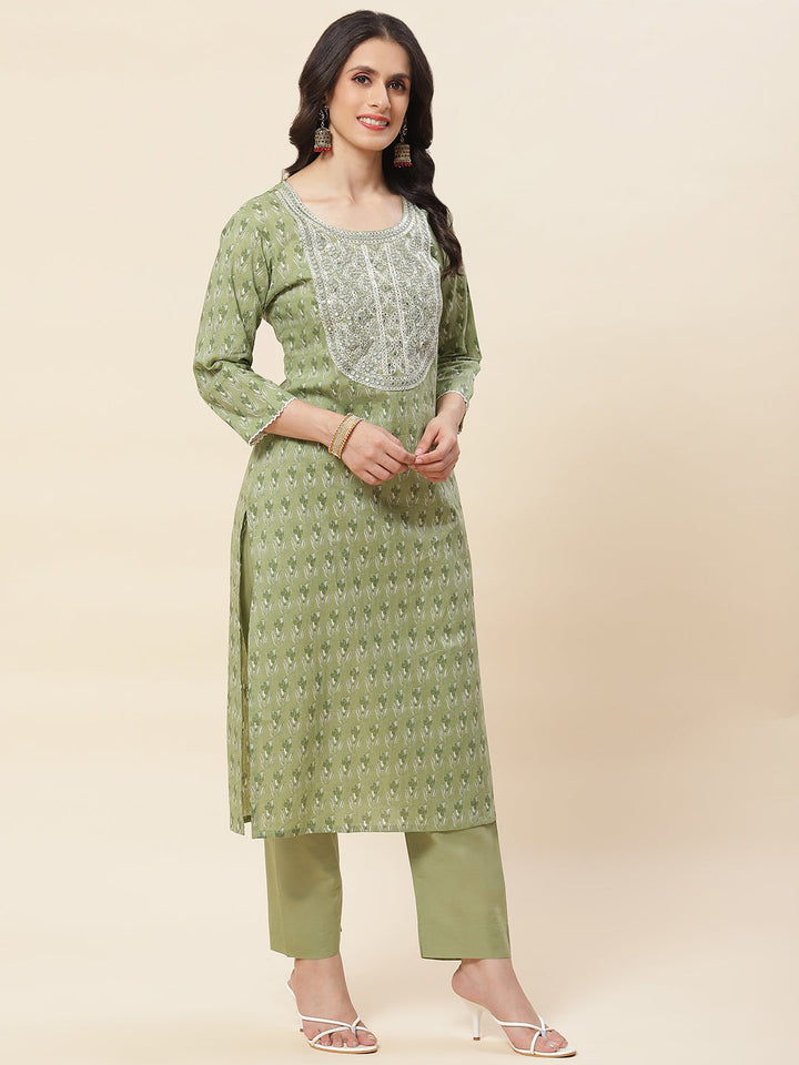 Printed  &amp; Neck Embroidered Cotton Kurta With Pants
