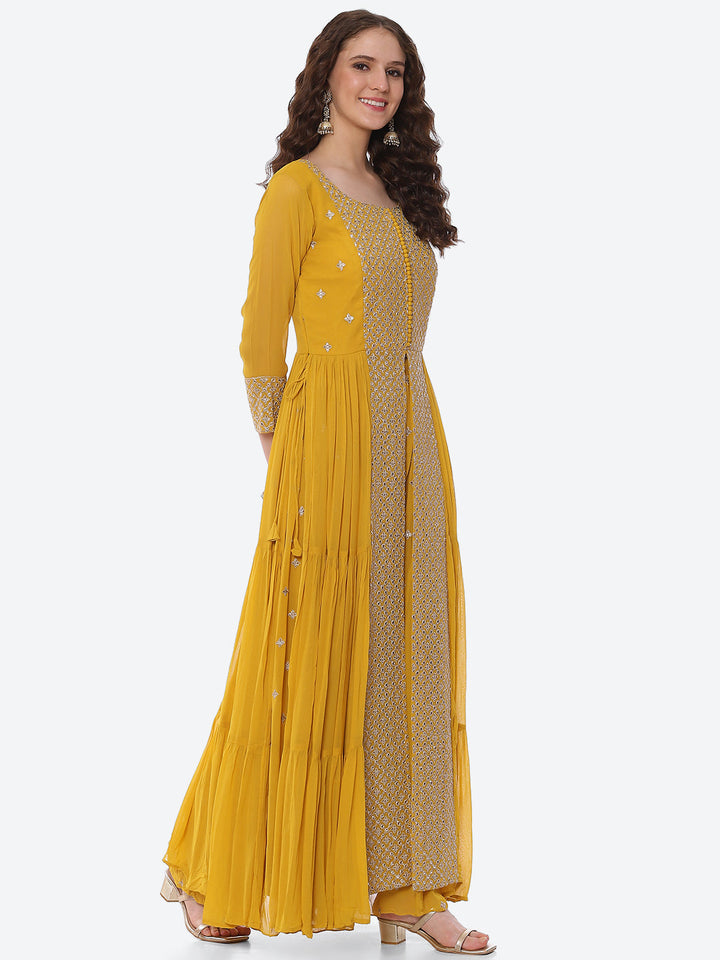 Zari Booti Neck Embroidered Georgette Kurta With Palazzo &amp; Dupatta