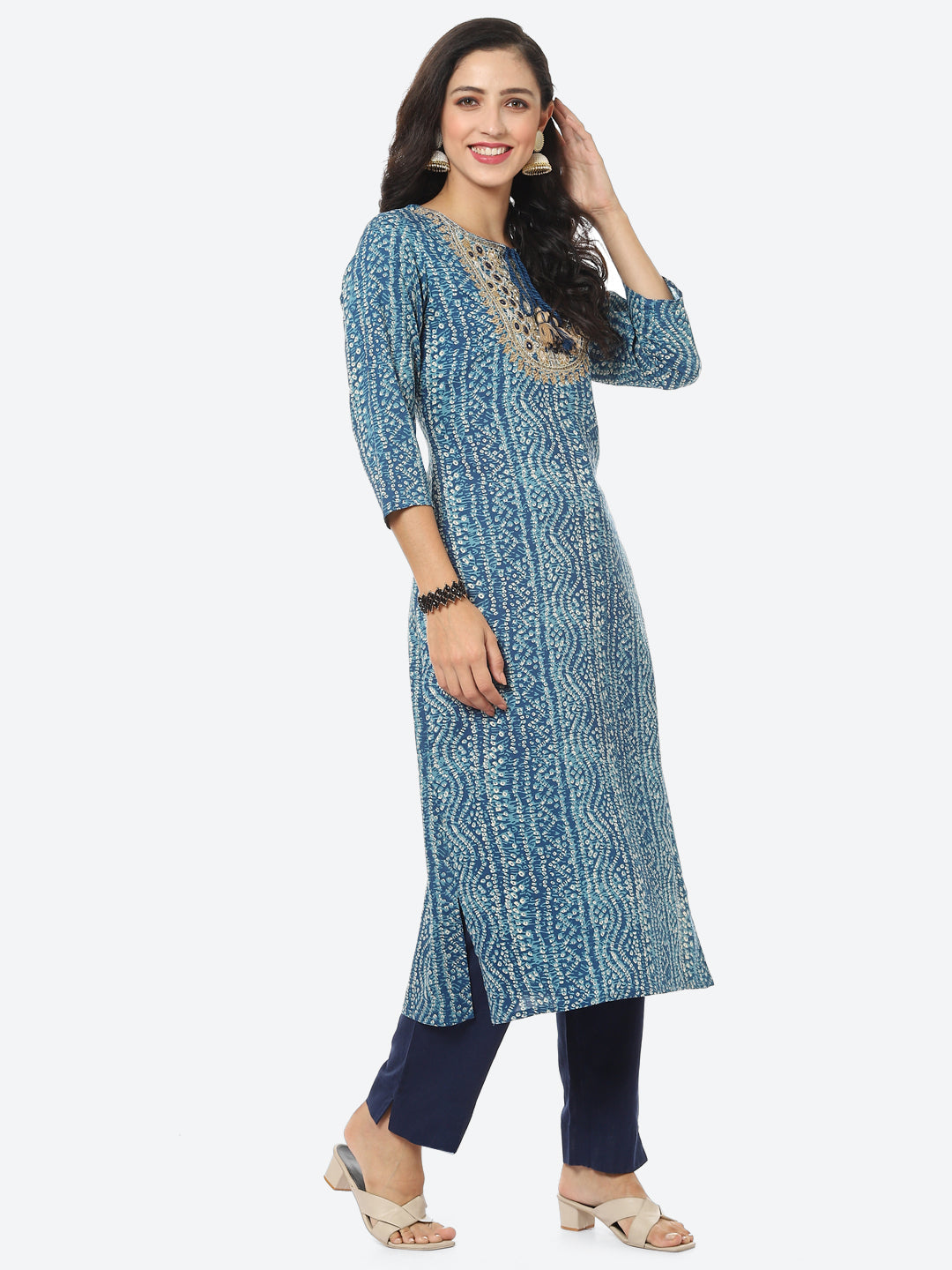 Yoke Embroided Bandhani Printed Cotton Kurti