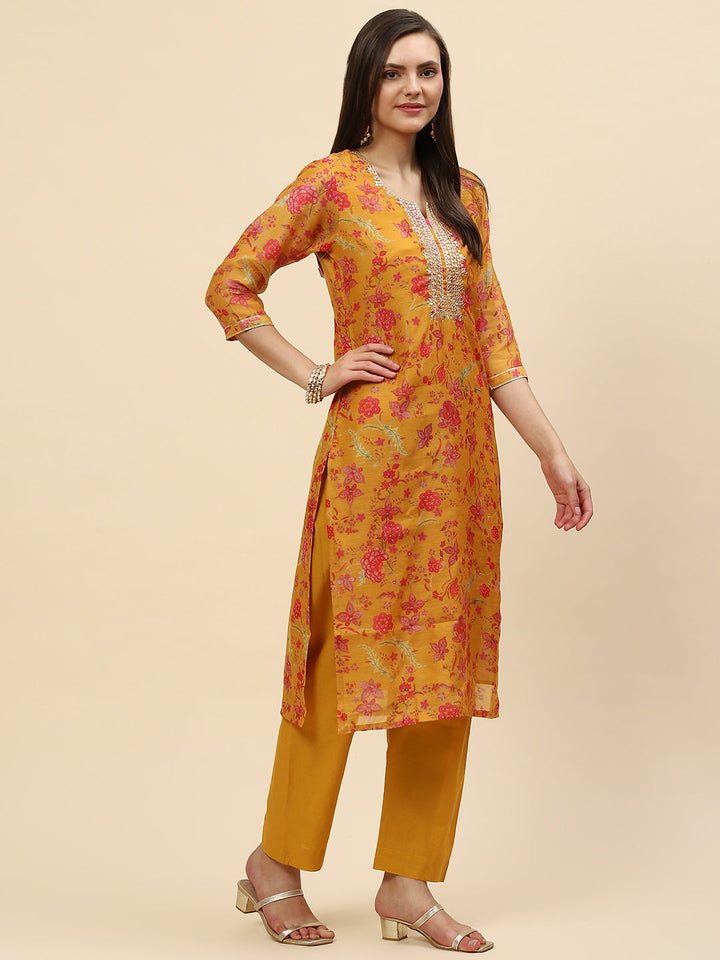 Neck Embroidered &amp; Floral Printed Chanderi Kurta With Pants