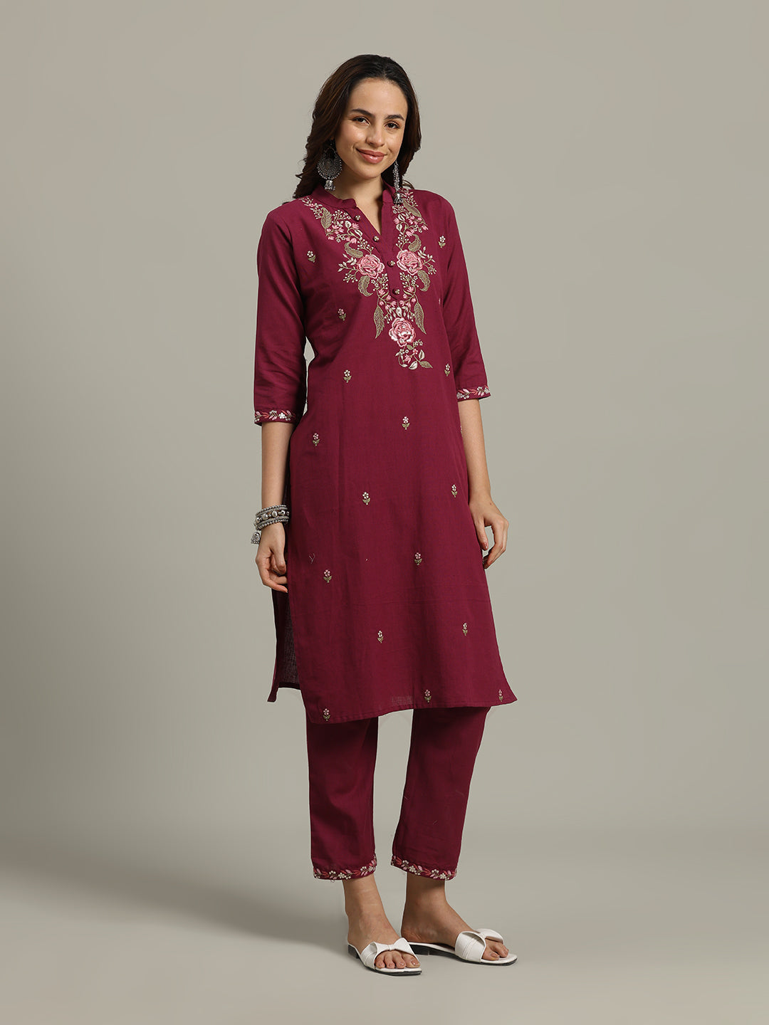 Resham Embroidered Cotton Kurta With Pants &amp; Dupatta
