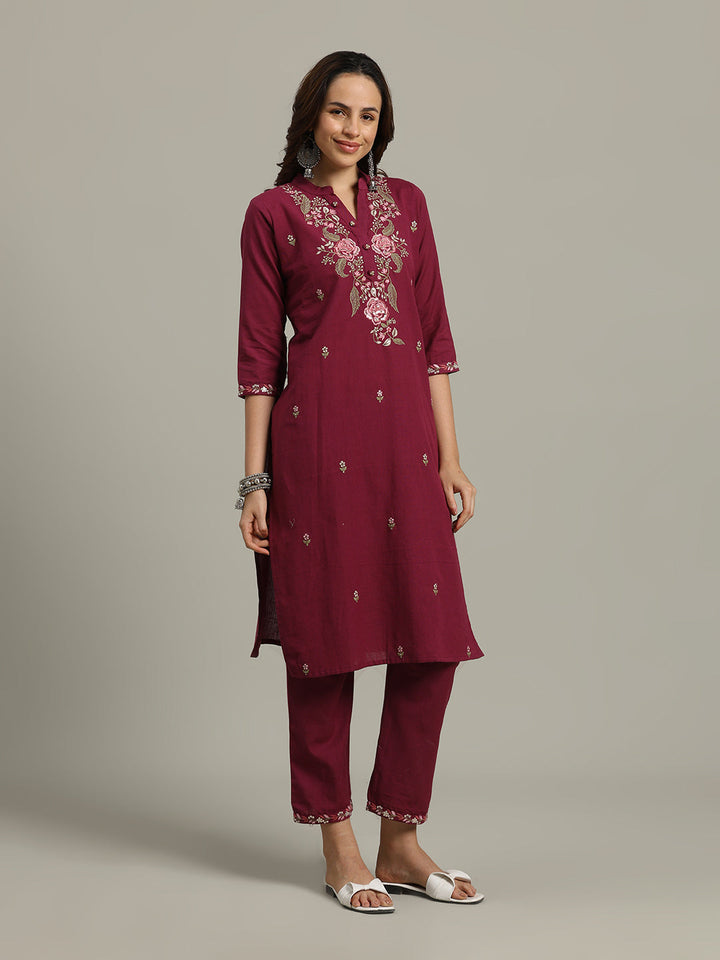 Resham Embroidered Cotton Kurta With Pants &amp; Dupatta