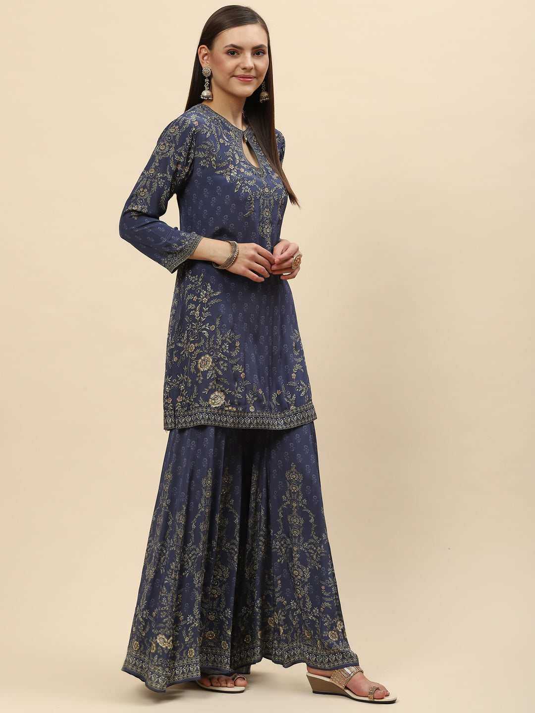 Digital Printed Crepe Kurta With Sharara &amp; Net Dupatta