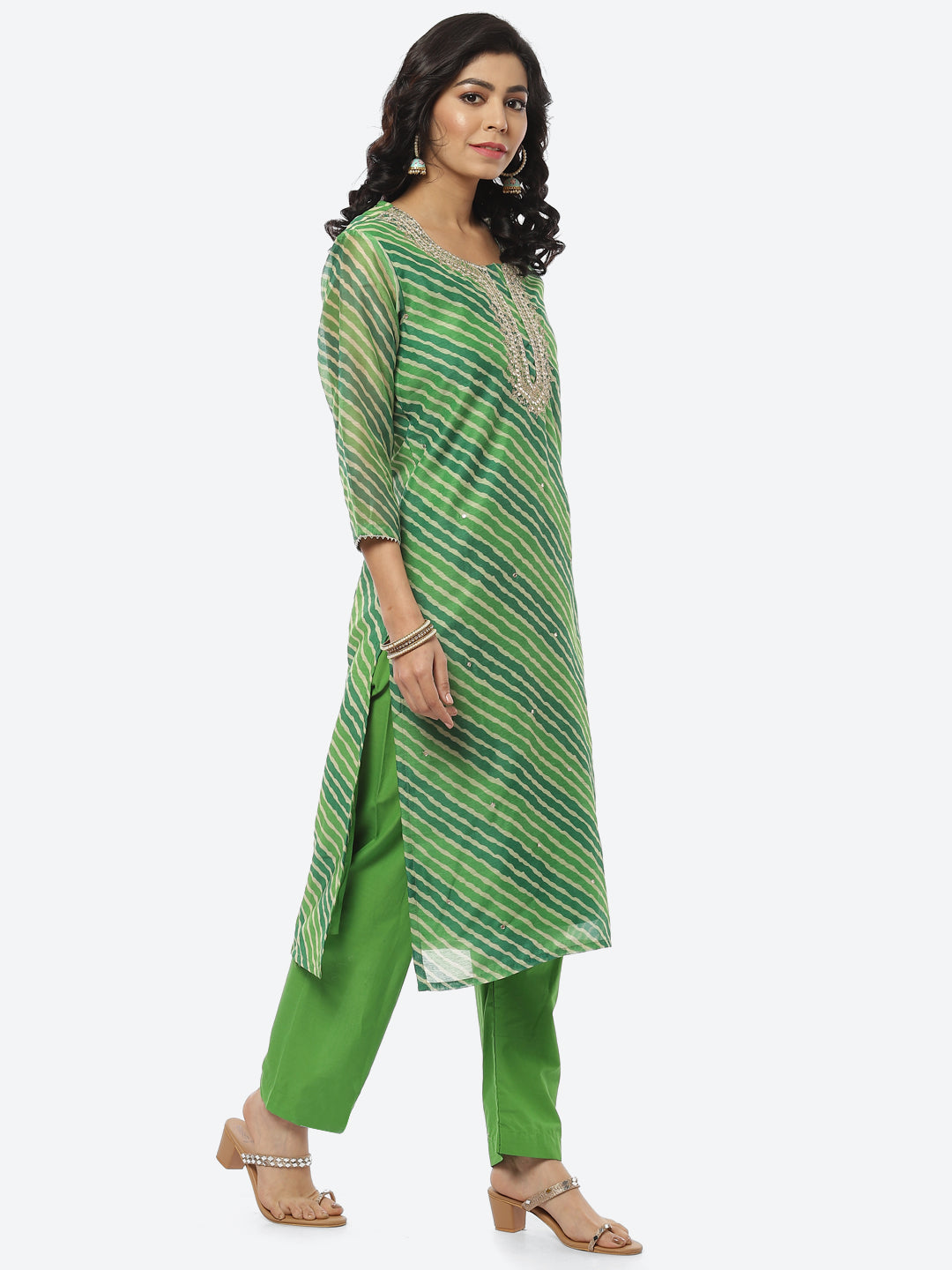 Printed Neck Embroidered Chanderi Kurti With Pant
