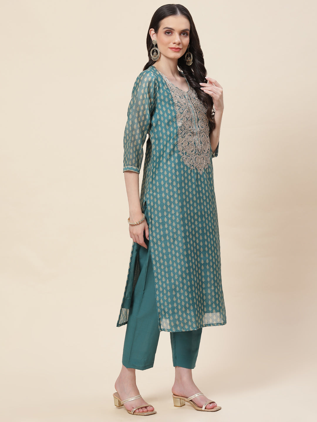 Printed &amp; Neck Embroidered Chanderi Kurta With Pants &amp; Dupatta