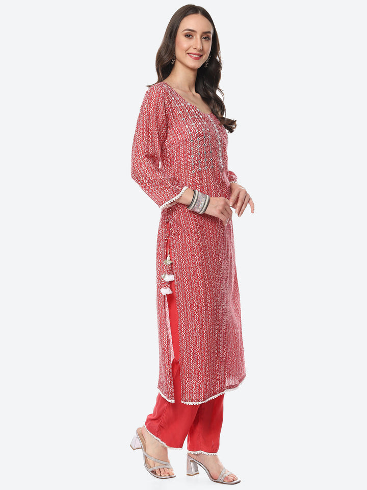 Mirror Neck Embroidered Printed Muslin Kurta With Palazzo