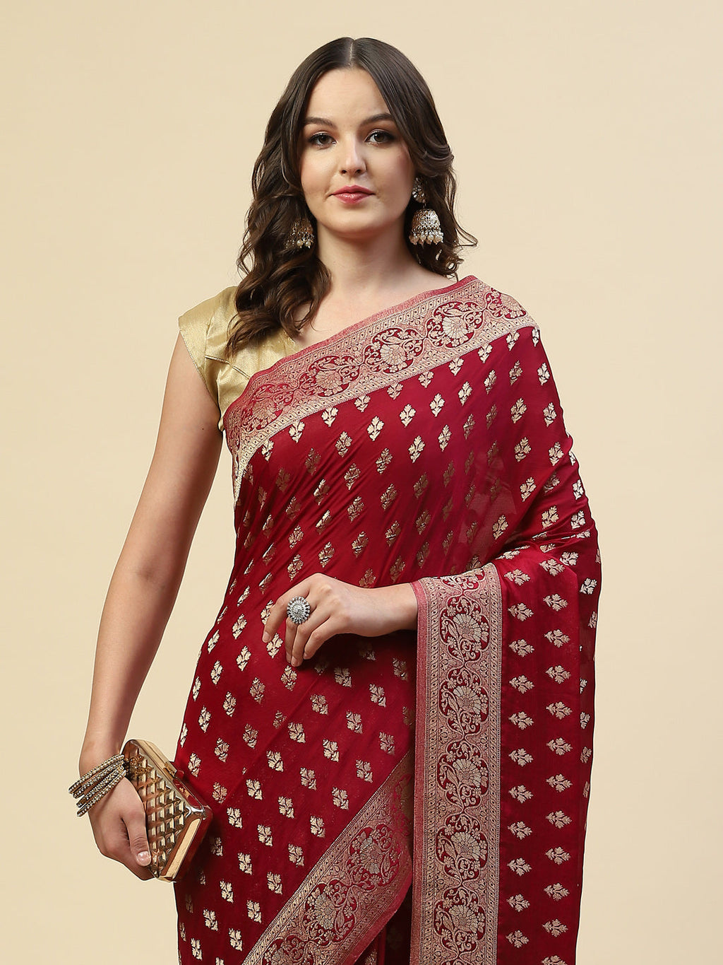 Zari Border Booti Crepe Plain Saree