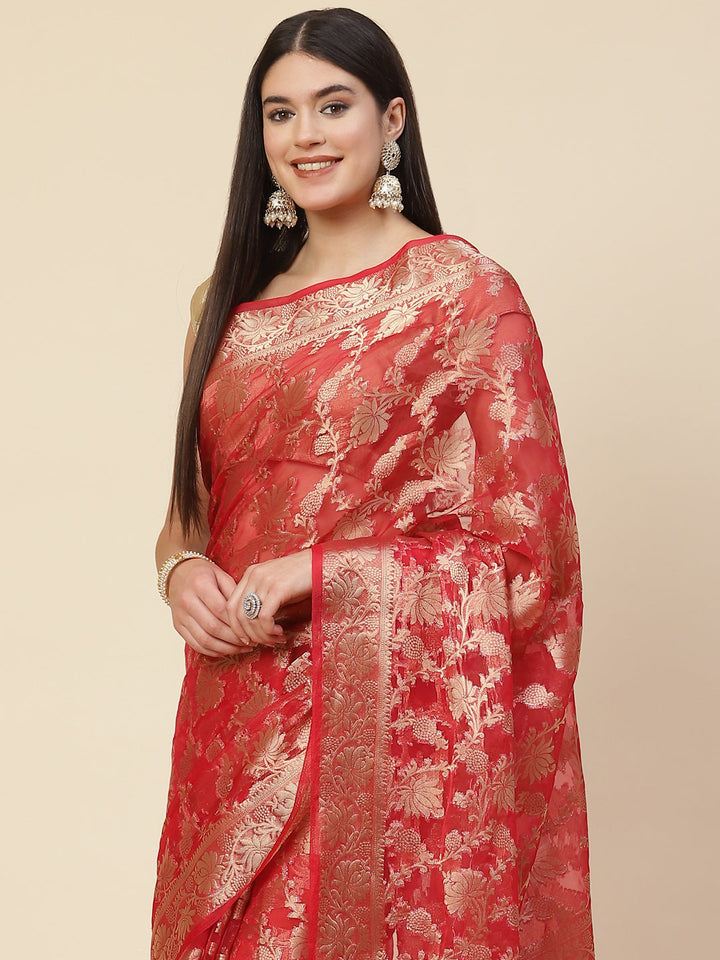 Floral Zari Jaal Organza Woven Saree
