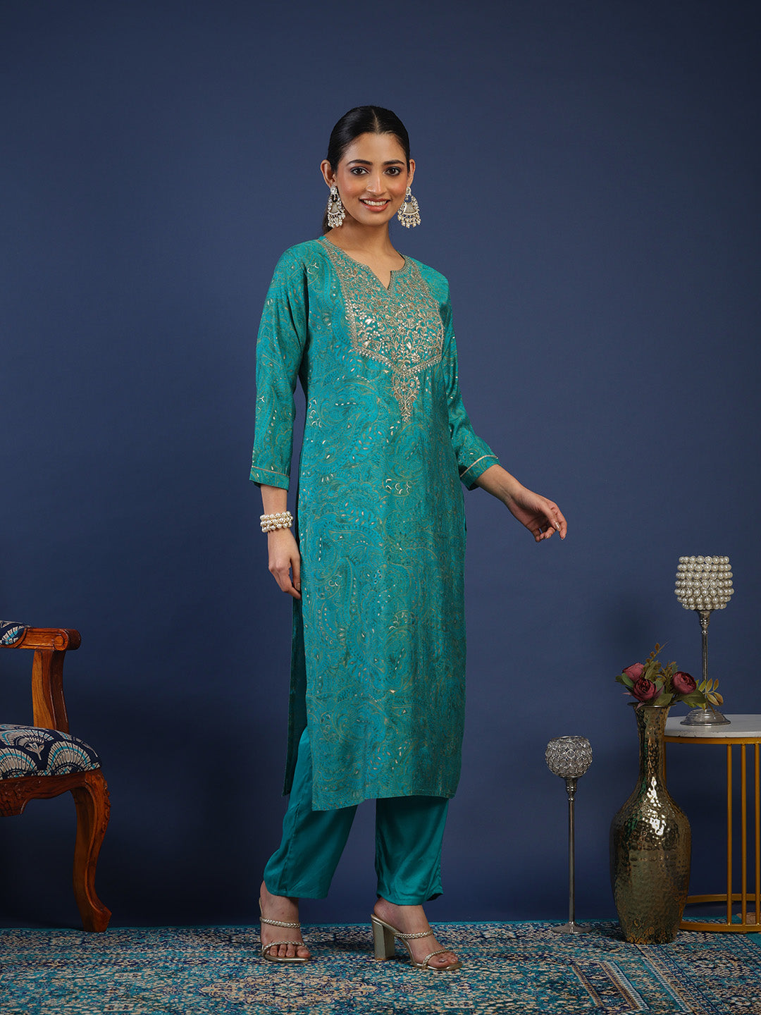 Printed Chanderi Kurta With Pant &amp; Dupatta
