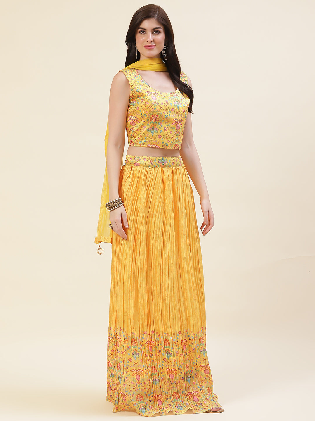 Floral Printed Crepe Choli With Lehenga &amp; Dupatta