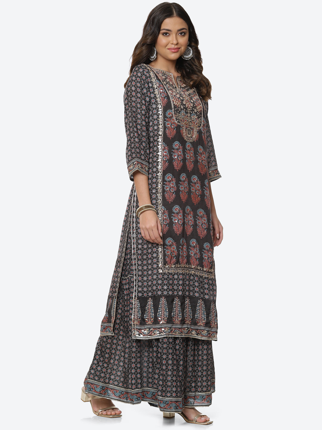Gota Neck Printed Cotton Kurta With Garara & Dupatta