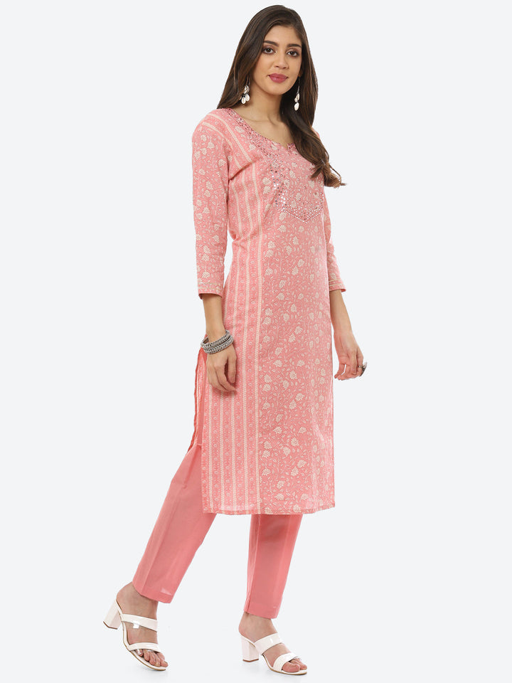 Mirror Work Printed Cotton Kurta With Pant