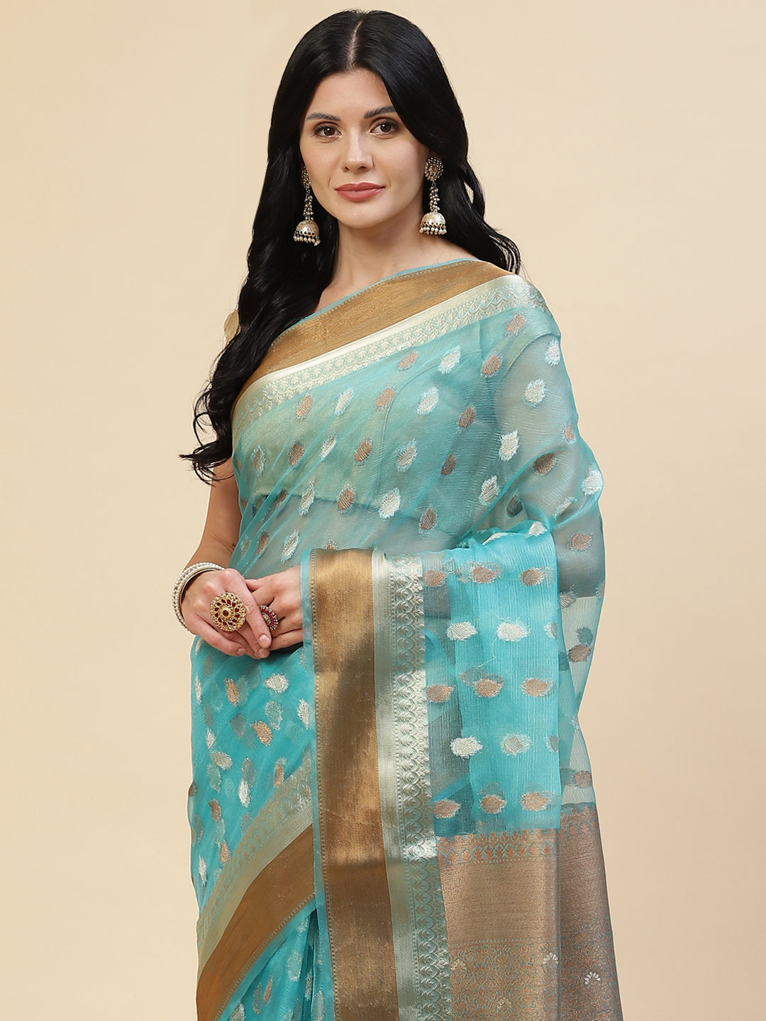 Antique Booti Organza Plain Saree