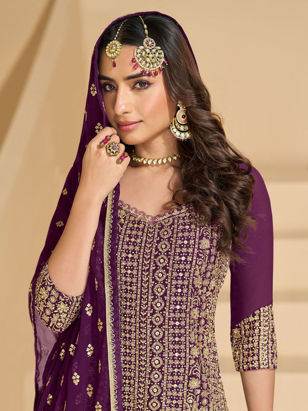 Embroidered Georgette Kurti With Skirt &amp; Dupatta