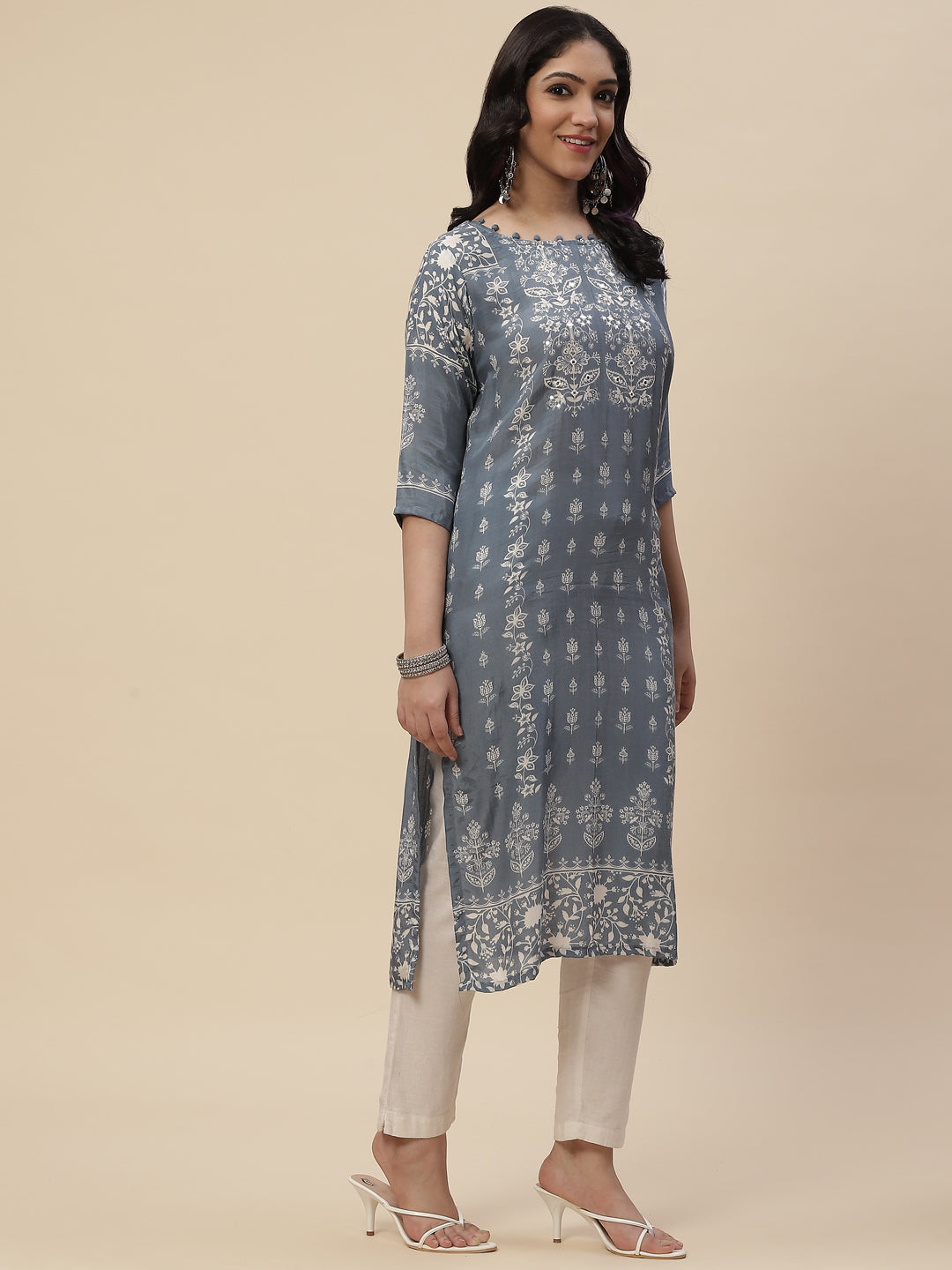 Neck Mirror Work  Printed Cotton Kurta