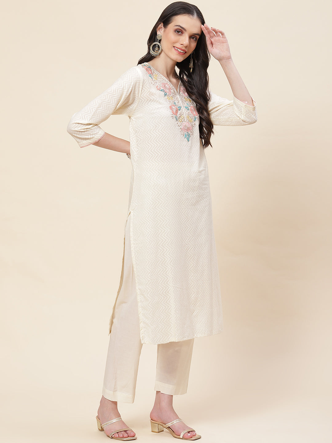 Neck Embroidered Cotton Kurta With Pants &amp; Dupatta