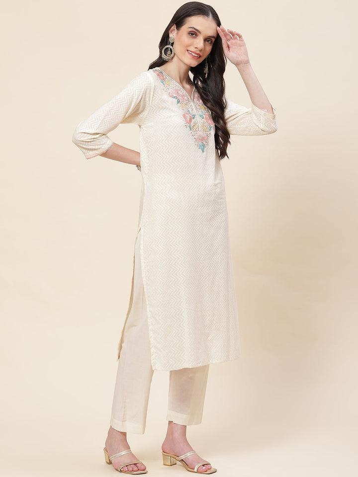 Neck Embroidered Cotton Kurta With Pants &amp; Dupatta