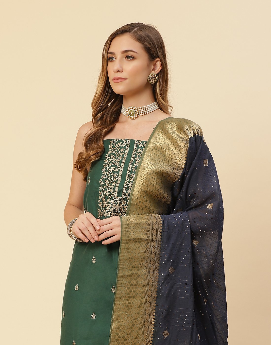Embroidered Chanderi Suit Piece With Chanderi Banarasi Dupatta