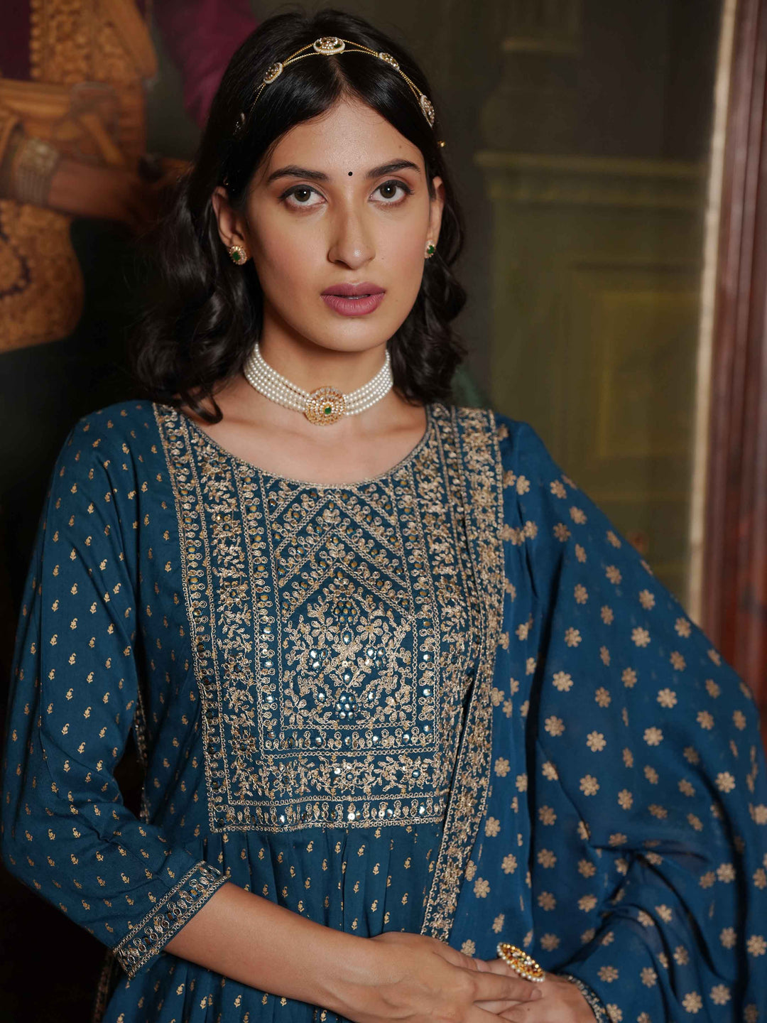 Neck Embroidered Cotton Kurta With Palazzo &amp; Dupatta