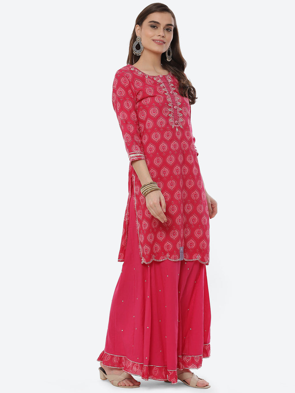 Printed Cotton Kurta With Garara & Chiffon Dupatta
