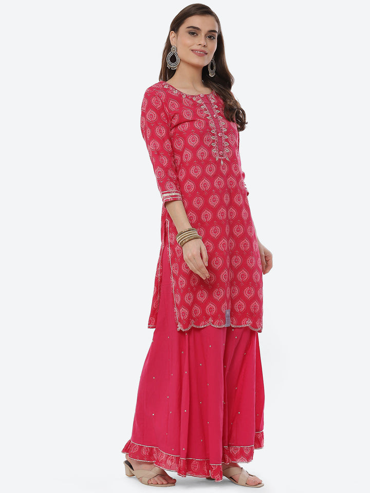 Printed Cotton Kurta With Garara &amp; Chiffon Dupatta