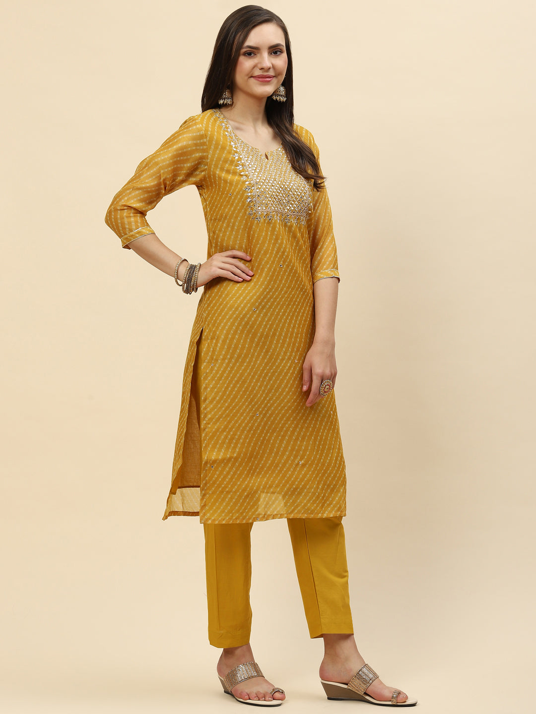 Mirror Embroidered &amp; Lehriya Chanderi Kurta With Pants