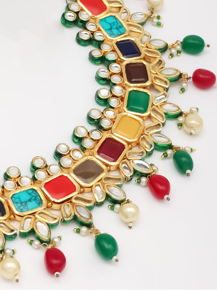 Kundan Work Necklace Set With Earring &amp; Mang Tika