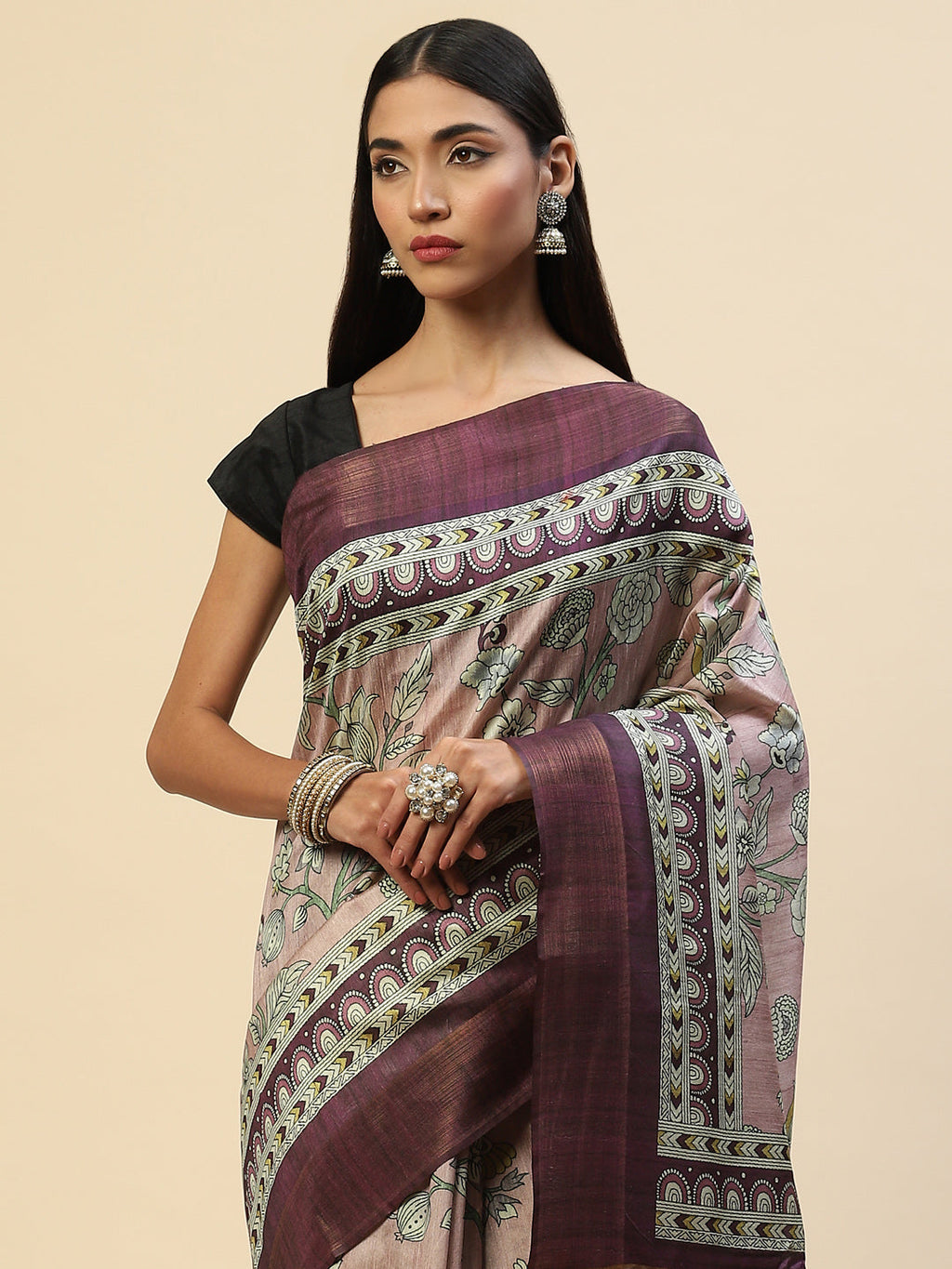 Digital Floral Zari Border Tussar Saree