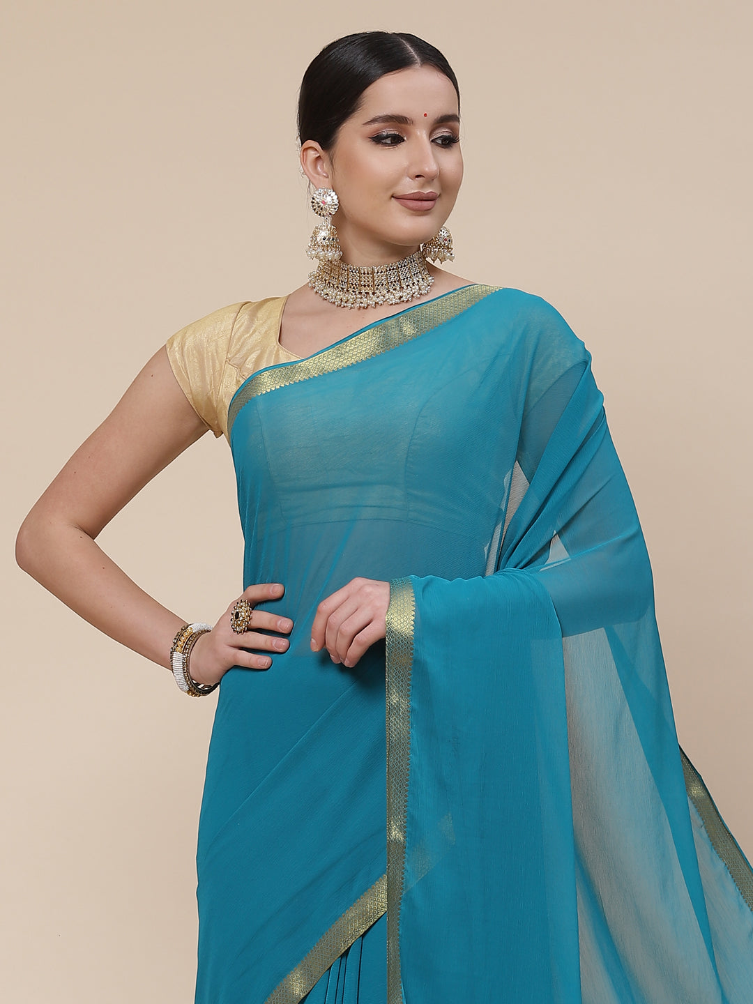 Piped Border Chiffon Plain Saree