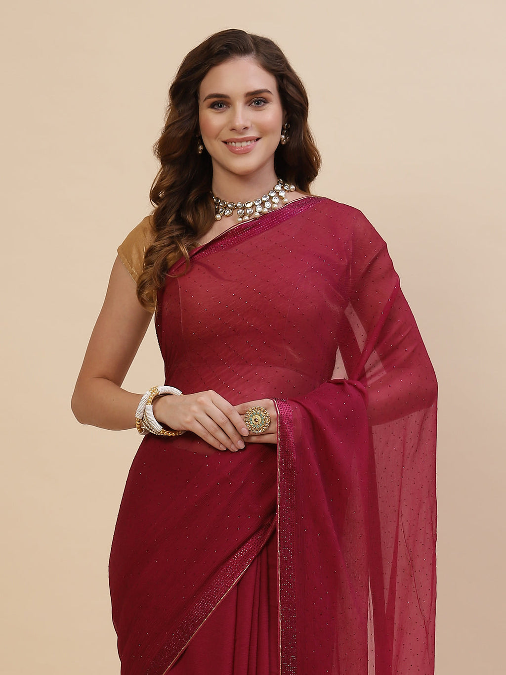 Piping Chiffon Plain Saree