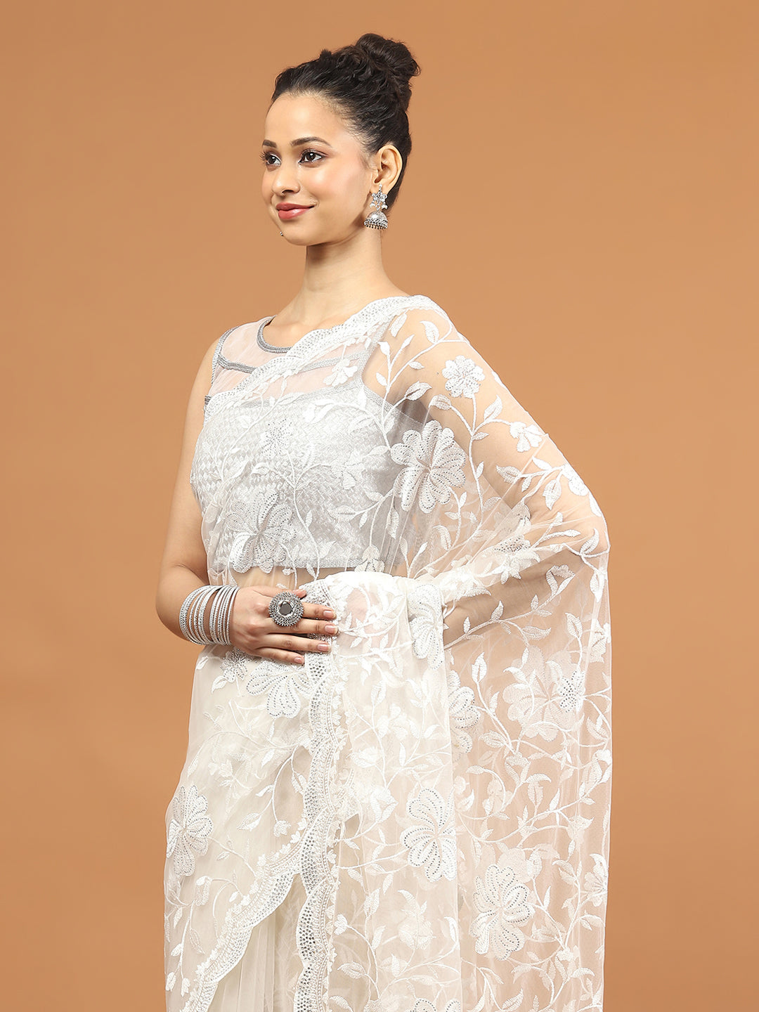 Sequence Embroidery Net Saree